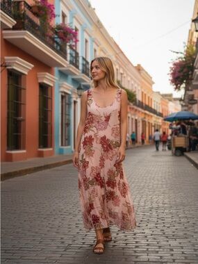 Blush Pink Floral Maxi Dress with Red Blooms